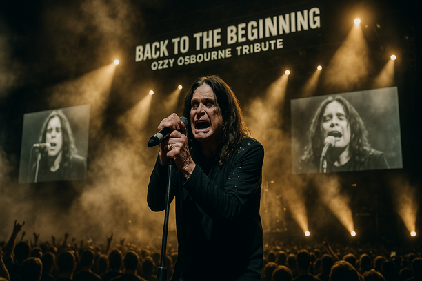 Ozzy Osbourne performing on stage under dramatic lighting during the 'Back to the Beginning' tribute concert, passionately gripping a microphone, surrounded by smoke effects and a roaring crowd, set in a large open-air nighttime venue with giant video screens playing archival footage behind him, dressed in iconic black attire with silver accents, capturing the energy, emotion, and legacy of heavy metal. The image must be natural, realistic, in 2018, style raw, 8K, taken on iPhone, --ar 16:9