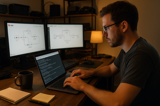 A tech-savvy developer configuring a self-hosted n8n workflow on a laptop, typing commands in a terminal window, in a home office filled with tech gear and dual monitors displaying flow diagrams, warm lighting and cluttered desk with coffee mug and notepads enhance realism. The image must be natural, realistic, in 2018, style raw, 8K, taken on iPhone, --ar 16:9