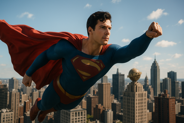 A young Superman soaring through a bright blue sky above Metropolis, cape billowing dynamically as sunlight gleams off his classic red and blue suit, bustling city skyline below with Daily Planet building visible in the background. The scene evokes hope and optimism, symbolizing a heroic new beginning rooted in comic book tradition. The image must be natural, realistic, in 2018, style raw, 8K, taken on iPhone, --ar 16:9