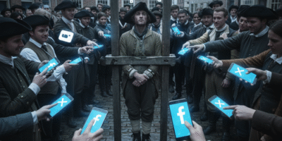 A lone individual trapped in historical wooden stocks, being publicly shamed by a surrounding crowd pointing glowing smartphones, in a cobblestone town square that blends colonial architecture with floating digital social media icons, the scene illuminated by the harsh blue light of the phone screens. The image must be natural, realistic, in 2018, style raw, 8K, taken on iPhone, --ar 16:9