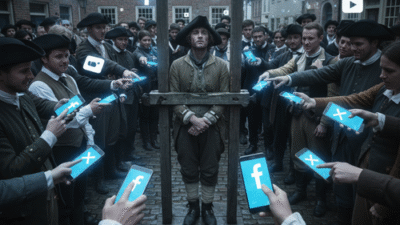 A lone individual trapped in historical wooden stocks, being publicly shamed by a surrounding crowd pointing glowing smartphones, in a cobblestone town square that blends colonial architecture with floating digital social media icons, the scene illuminated by the harsh blue light of the phone screens. The image must be natural, realistic, in 2018, style raw, 8K, taken on iPhone, --ar 16:9