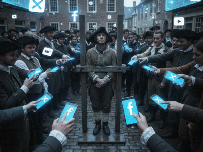 A lone individual trapped in historical wooden stocks, being publicly shamed by a surrounding crowd pointing glowing smartphones, in a cobblestone town square that blends colonial architecture with floating digital social media icons, the scene illuminated by the harsh blue light of the phone screens. The image must be natural, realistic, in 2018, style raw, 8K, taken on iPhone, --ar 16:9