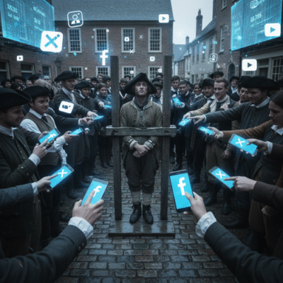 A lone individual trapped in historical wooden stocks, being publicly shamed by a surrounding crowd pointing glowing smartphones, in a cobblestone town square that blends colonial architecture with floating digital social media icons, the scene illuminated by the harsh blue light of the phone screens. The image must be natural, realistic, in 2018, style raw, 8K, taken on iPhone, --ar 16:9