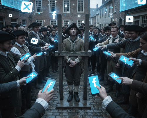 A lone individual trapped in historical wooden stocks, being publicly shamed by a surrounding crowd pointing glowing smartphones, in a cobblestone town square that blends colonial architecture with floating digital social media icons, the scene illuminated by the harsh blue light of the phone screens. The image must be natural, realistic, in 2018, style raw, 8K, taken on iPhone, --ar 16:9