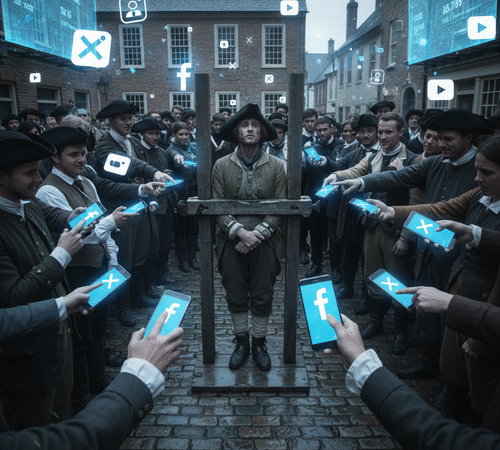 A lone individual trapped in historical wooden stocks, being publicly shamed by a surrounding crowd pointing glowing smartphones, in a cobblestone town square that blends colonial architecture with floating digital social media icons, the scene illuminated by the harsh blue light of the phone screens. The image must be natural, realistic, in 2018, style raw, 8K, taken on iPhone, --ar 16:9