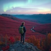 A lone hiker with a backpack, standing on a scenic viewpoint looking out over a vast Alaskan valley in late autumn, the landscape below is a carpet of vibrant red and gold fall foliage, with the faint green swirls of the aurora borealis beginning to appear in the dusky twilight sky above distant mountains. The image must be natural, realistic, in 2018, style raw, 8K, taken on iPhone, --ar 16:9