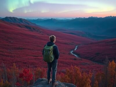 A lone hiker with a backpack, standing on a scenic viewpoint looking out over a vast Alaskan valley in late autumn, the landscape below is a carpet of vibrant red and gold fall foliage, with the faint green swirls of the aurora borealis beginning to appear in the dusky twilight sky above distant mountains. The image must be natural, realistic, in 2018, style raw, 8K, taken on iPhone, --ar 16:9