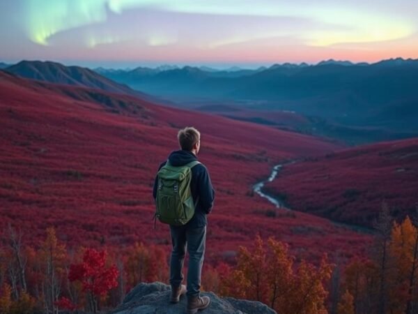 A lone hiker with a backpack, standing on a scenic viewpoint looking out over a vast Alaskan valley in late autumn, the landscape below is a carpet of vibrant red and gold fall foliage, with the faint green swirls of the aurora borealis beginning to appear in the dusky twilight sky above distant mountains. The image must be natural, realistic, in 2018, style raw, 8K, taken on iPhone, --ar 16:9