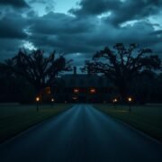 The sprawling Murdaugh family hunting estate, Moselle, sitting ominously at the end of a long, deserted driveway, in the low country of South Carolina, with Spanish moss hanging from ancient oak trees, bathed in the eerie glow of twilight under a dark, foreboding sky, hinting at a recent tragedy. The image must be natural, realistic, in 2018, style raw, 8K, taken on iPhone, --ar 16:9