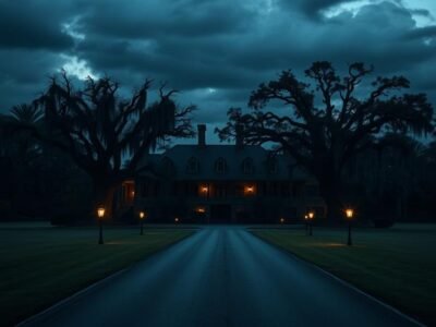 The sprawling Murdaugh family hunting estate, Moselle, sitting ominously at the end of a long, deserted driveway, in the low country of South Carolina, with Spanish moss hanging from ancient oak trees, bathed in the eerie glow of twilight under a dark, foreboding sky, hinting at a recent tragedy. The image must be natural, realistic, in 2018, style raw, 8K, taken on iPhone, --ar 16:9