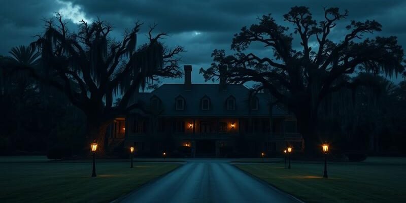 The sprawling Murdaugh family hunting estate, Moselle, sitting ominously at the end of a long, deserted driveway, in the low country of South Carolina, with Spanish moss hanging from ancient oak trees, bathed in the eerie glow of twilight under a dark, foreboding sky, hinting at a recent tragedy. The image must be natural, realistic, in 2018, style raw, 8K, taken on iPhone, --ar 16:9