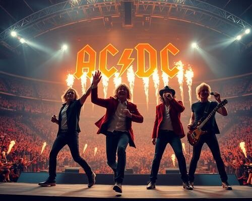 The rock band AC/DC performing with raw energy on a colossal stadium stage, illuminated by dramatic stage lighting and pyrotechnics with a massive crowd visible in the background, featuring Angus Young in his signature schoolboy uniform mid-duckwalk and singer Brian Johnson commanding the microphone, capturing the triumphant and electrifying atmosphere of their 2024 tour. The image must be natural, realistic, in 2018, style raw, 8K, taken on iPhone, --ar 16:9