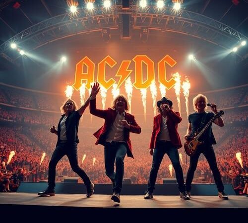 The rock band AC/DC performing with raw energy on a colossal stadium stage, illuminated by dramatic stage lighting and pyrotechnics with a massive crowd visible in the background, featuring Angus Young in his signature schoolboy uniform mid-duckwalk and singer Brian Johnson commanding the microphone, capturing the triumphant and electrifying atmosphere of their 2024 tour. The image must be natural, realistic, in 2018, style raw, 8K, taken on iPhone, --ar 16:9